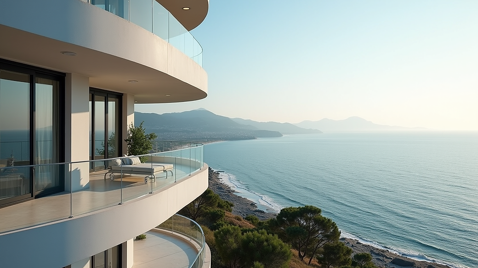Eye-level view of a modern apartment building overlooking the Mediterranean coast