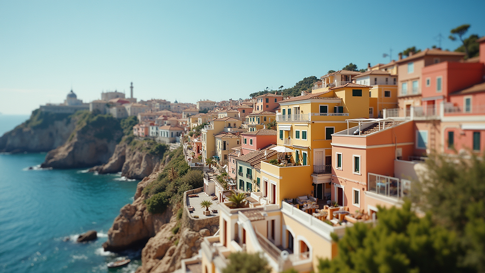 Close-up view of a Spanish coastal town with colorful buildings