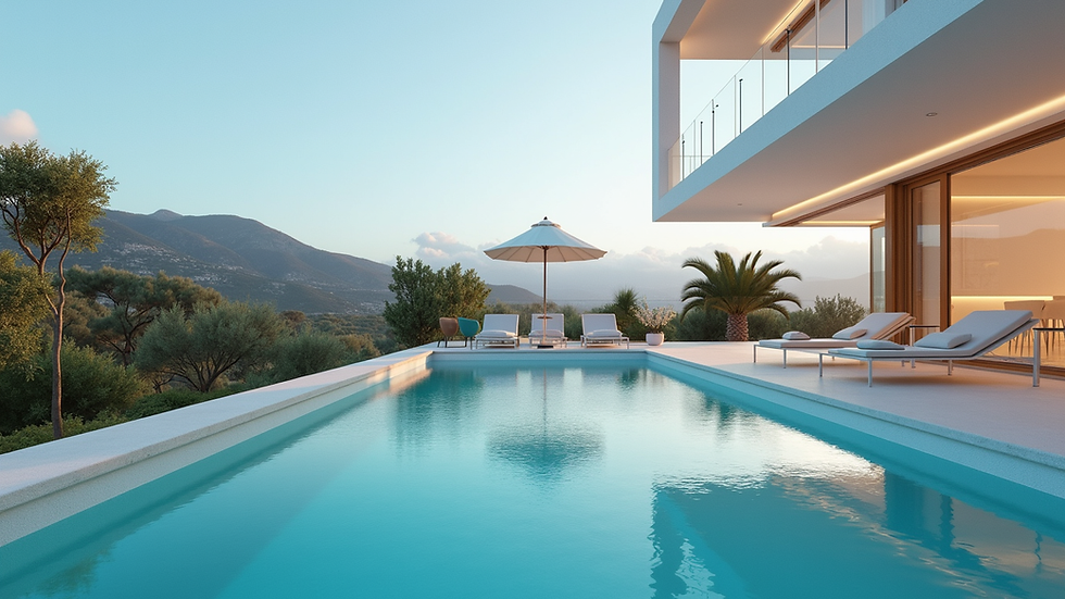 Eye-level view of a modern Spanish villa with a swimming pool