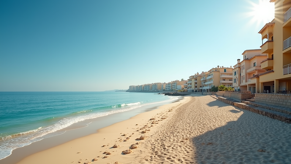 Wide angle view of a sunny Spanish beach town with residential buildings