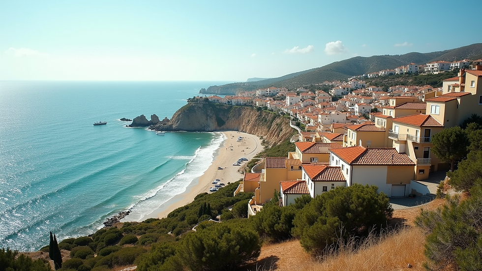 Wide angle view of a Spanish coastal town with residential buildings and the sea