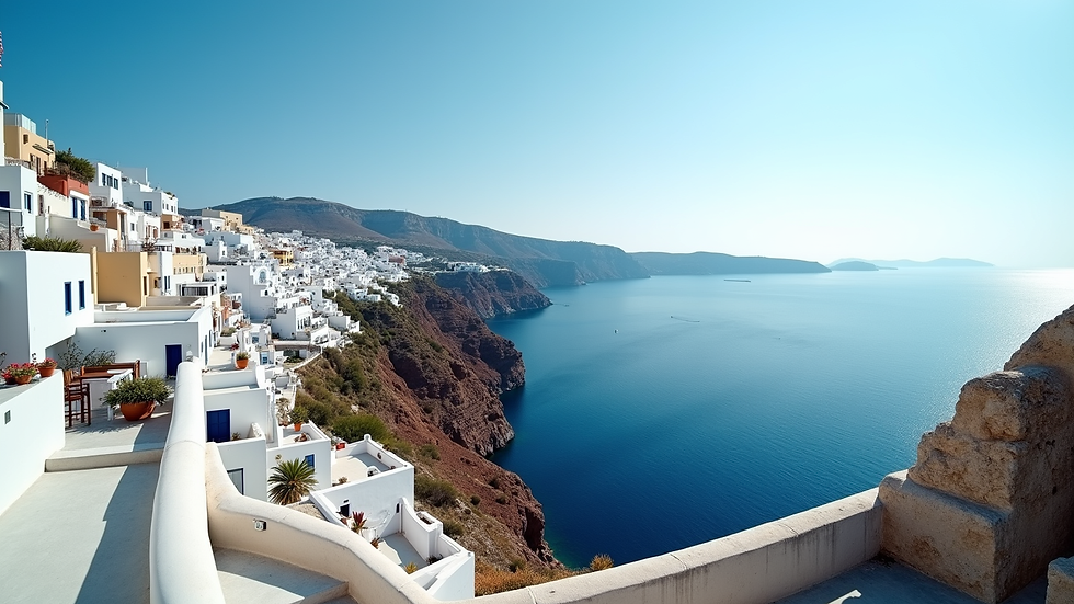 Eye-level view of a Mediterranean coastal town with white buildings and blue sea
