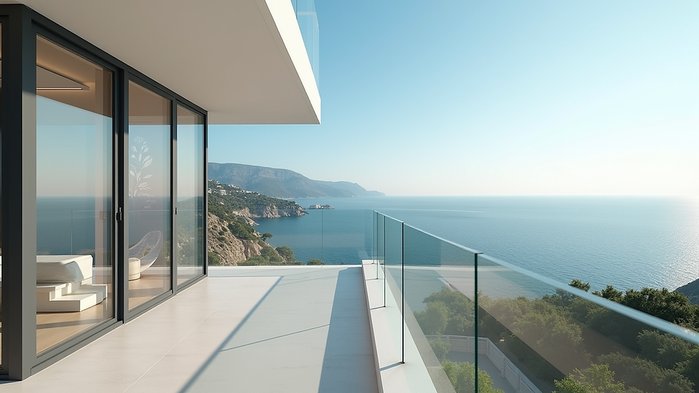 Eye-level view of a modern apartment balcony overlooking the Mediterranean Sea