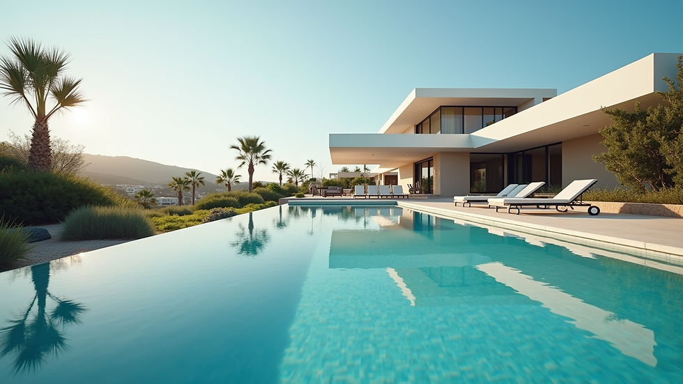 Eye-level view of a modern Spanish villa with a swimming pool