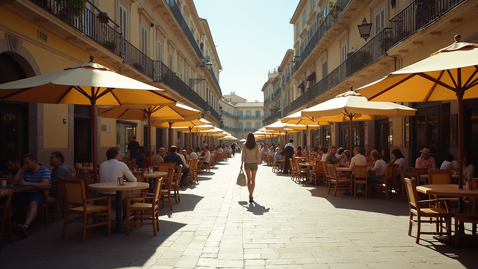 Eye-level view of a Spanish plaza with outdoor cafes