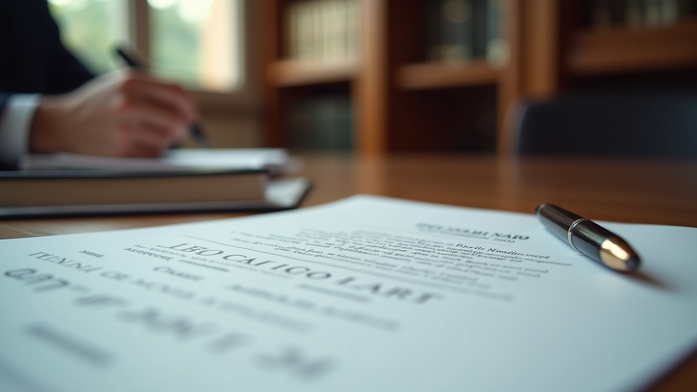 Close-up view of a Spanish notary office with official documents and a pen