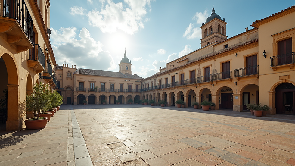 Wide angle view of a Spanish town square with traditional architecture