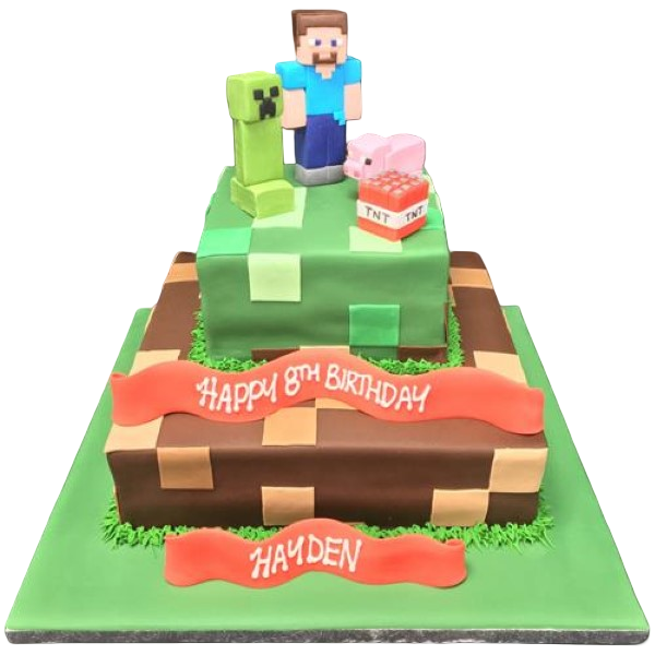 A fun and vibrant Minecraft-themed square duo cake featuring popular video game characters for a special celebration.