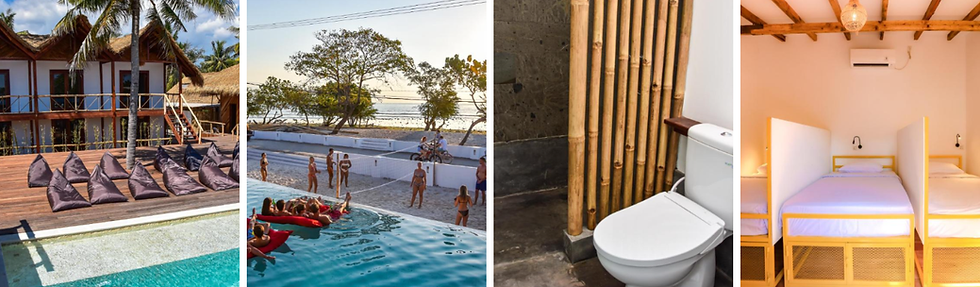 Colagem com piscina animada, áreas comuns, dormitório compartilhado e banheiro do Mad Monkey Hostel em Gili Trawangan.