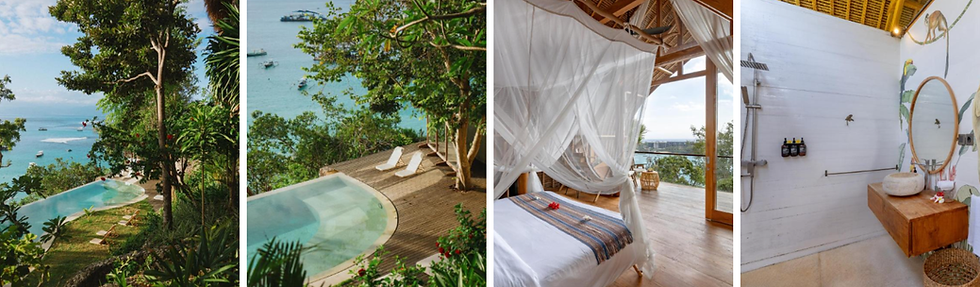 Colagem com piscina, área externa, quarto e banheiro do Morin Resort, hotel em Nusa Lembongan.