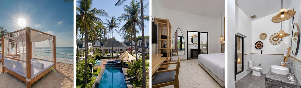 Colagem com áreas comuns, piscina, quarto e banheiro do Jambuluwuk Oceano Hotel, em Gili Trawangan.