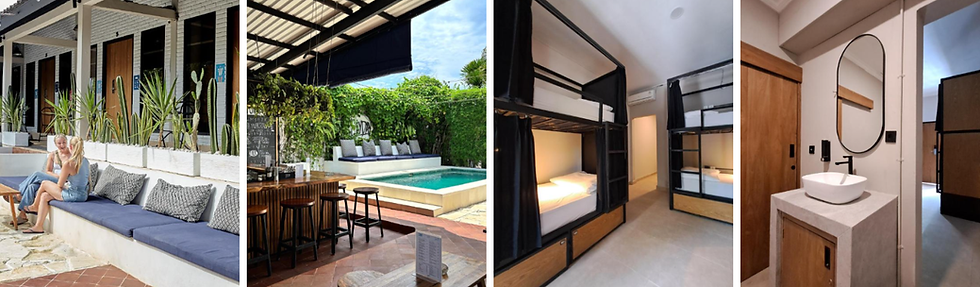 Colagem com piscina, áreas comuns, dormitórios e banheiro do Lay Day Hostel, em Canggu, Bali.
