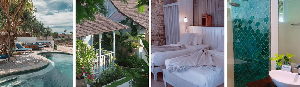 Colagem com piscina, área externa, quarto em estilo bungalow e banheiro do The Shacks at Sandy Bay, em Nusa Lembongan.