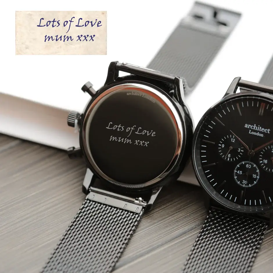 Thumbnail: Handwriting Engraving - Men's Architect Motivator Black Face Black Mesh Strap