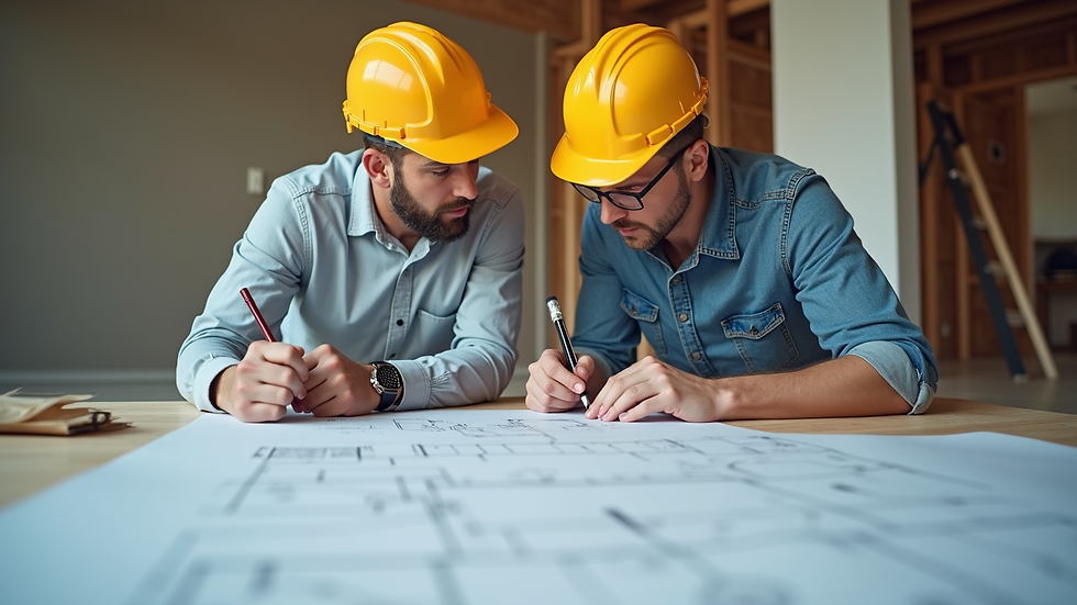 Eye-level view of a contractor discussing plans with a homeowner over blueprints