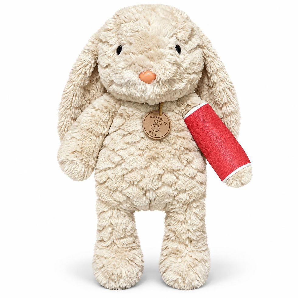 Thumbnail: 14" beige bunny stuffed animal with cast on arm or leg, broken bone gift for kids, get well broken arm gift