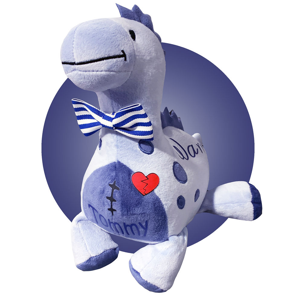 Thumbnail: personalized heart surgery stuffed dinosaur, blue dinosaur with heart and scar on it for heart surgery patients, blue dino