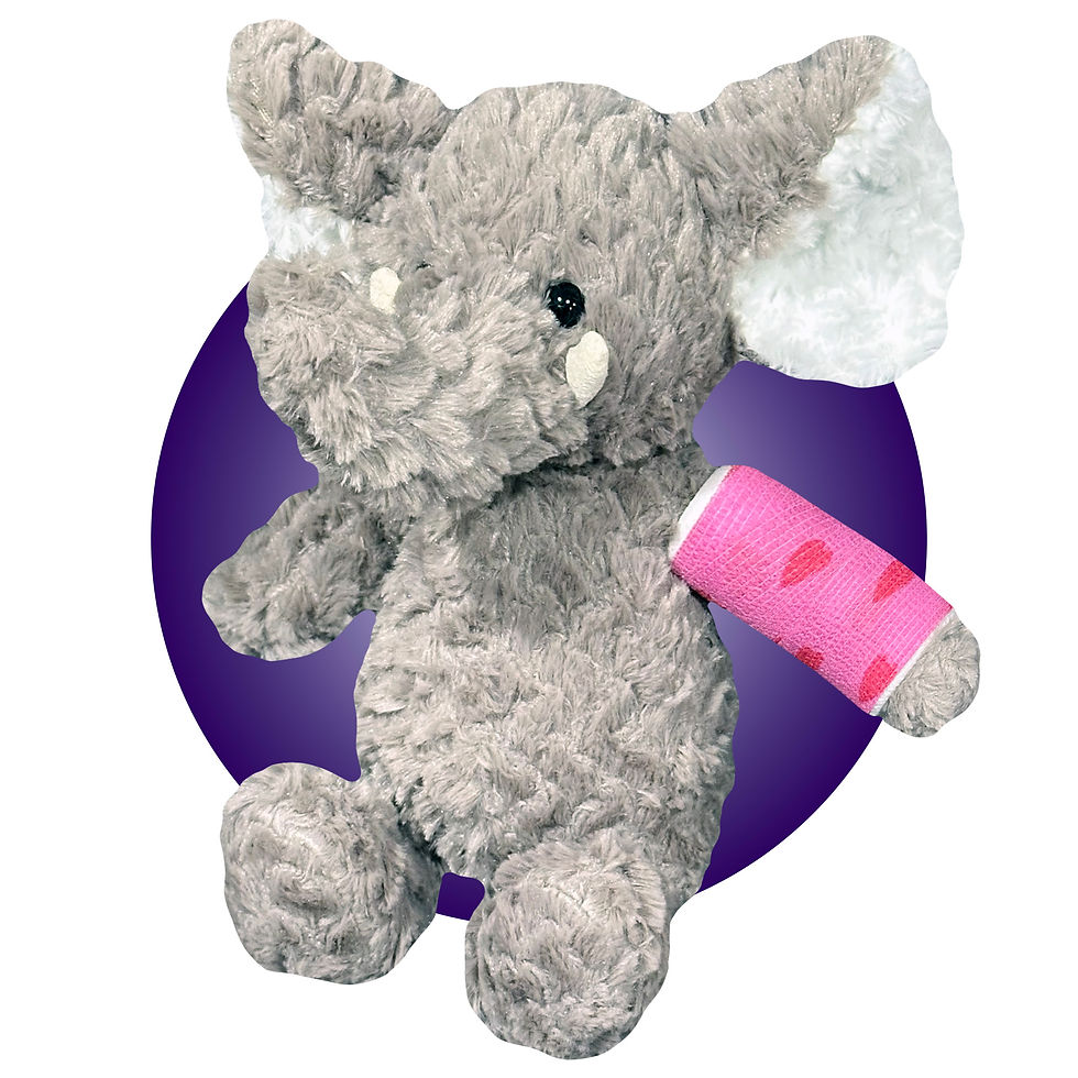 Thumbnail: 14" Custom Made Broken Bone Grey Elephant Plush, grey elephant stuffed animal with cast on arm or leg