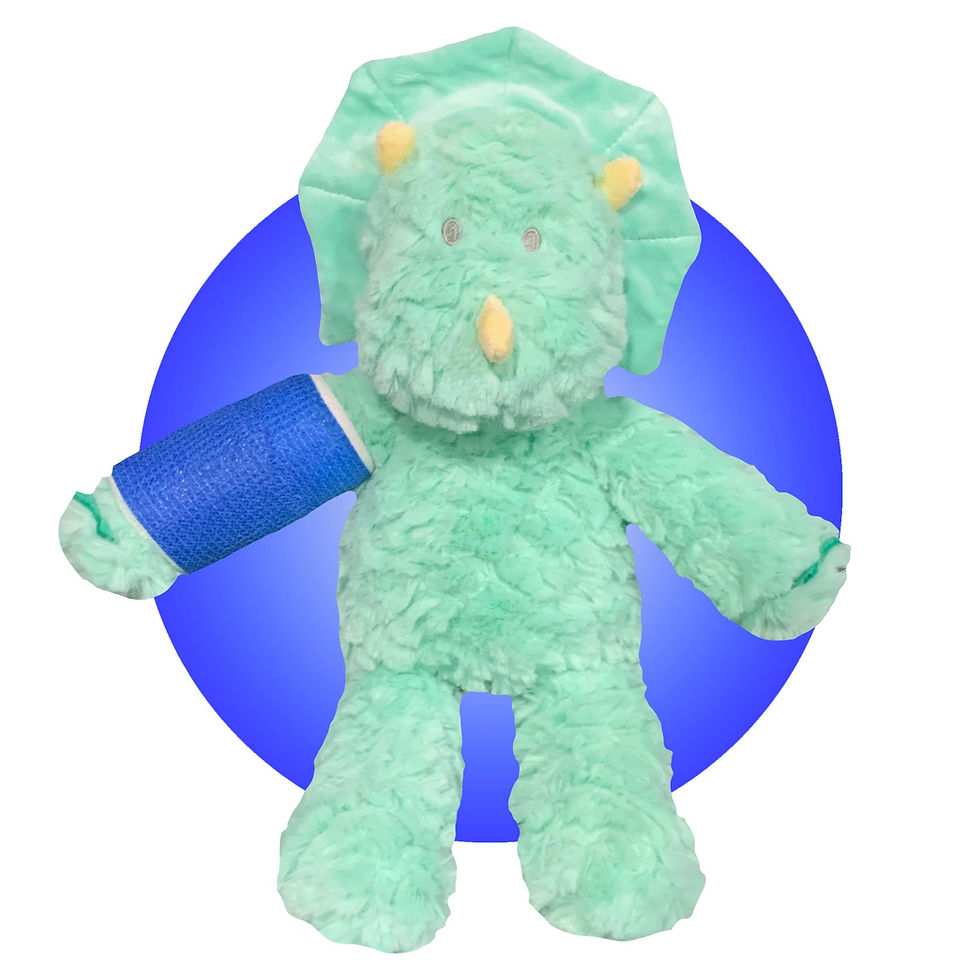 Thumbnail: 14" broken bone dinosaur with custom cast, green dinosaur stuffed animal wearing cast