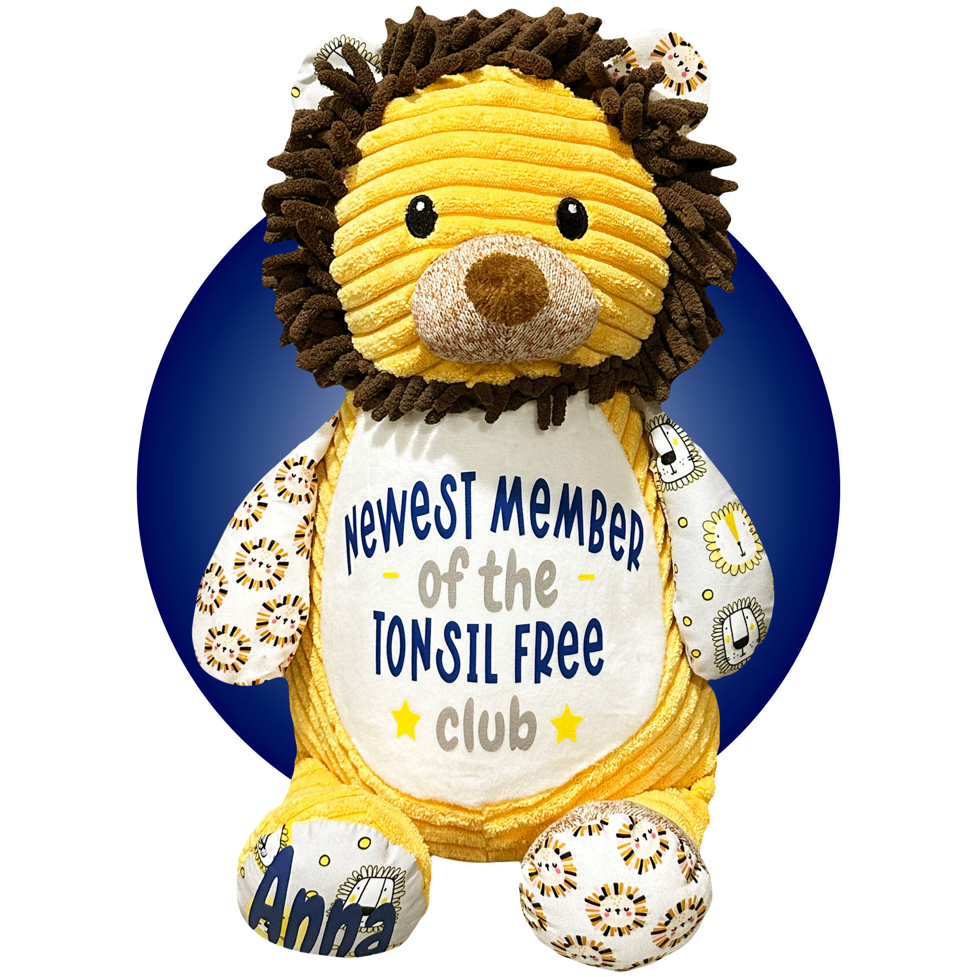 17" personalized sensory lion stuffed animal for kids getting their tonsils out, tonsillectomy gifts