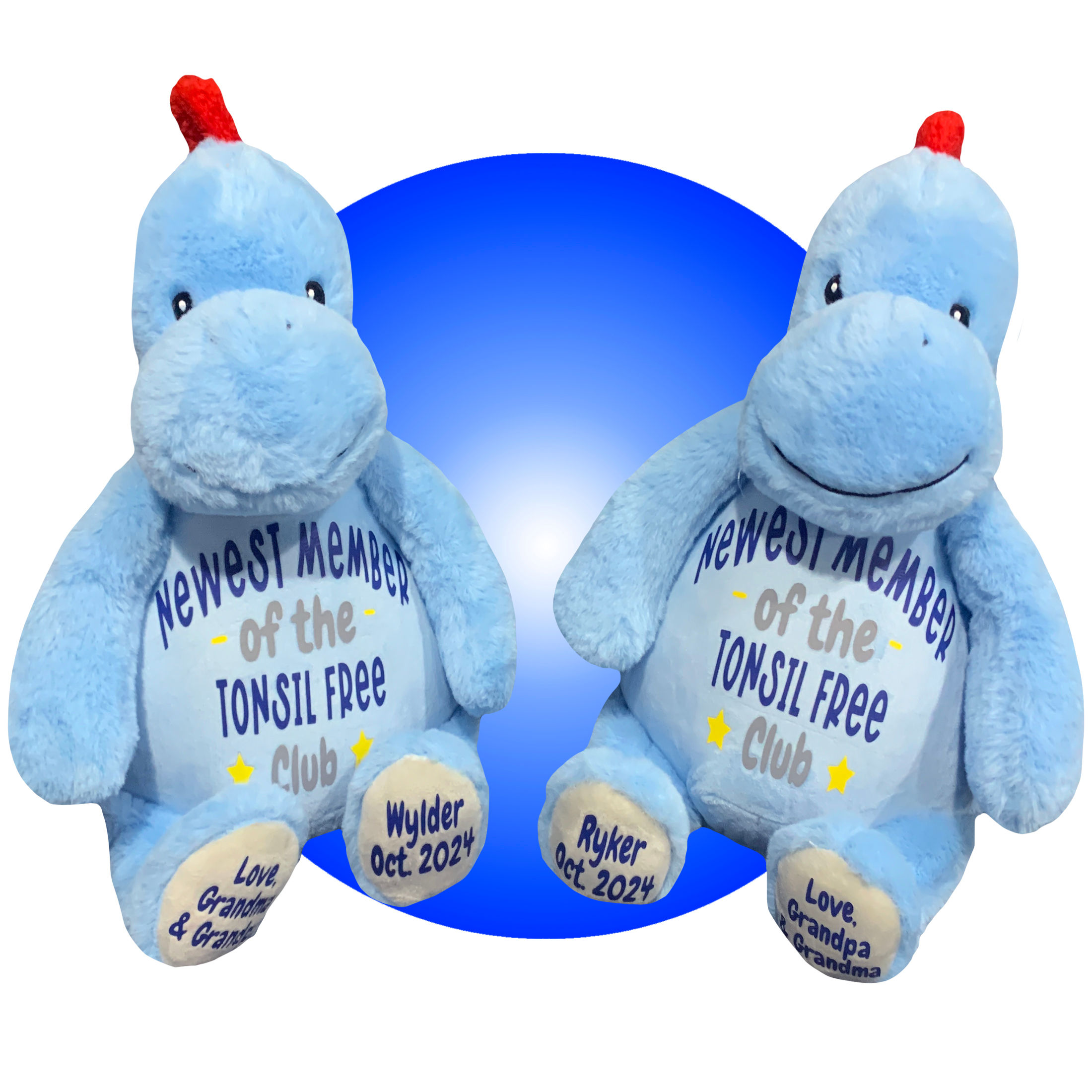 17" tonsillectomy stuffed blue dinosaur personalized with name by kikilishop.com