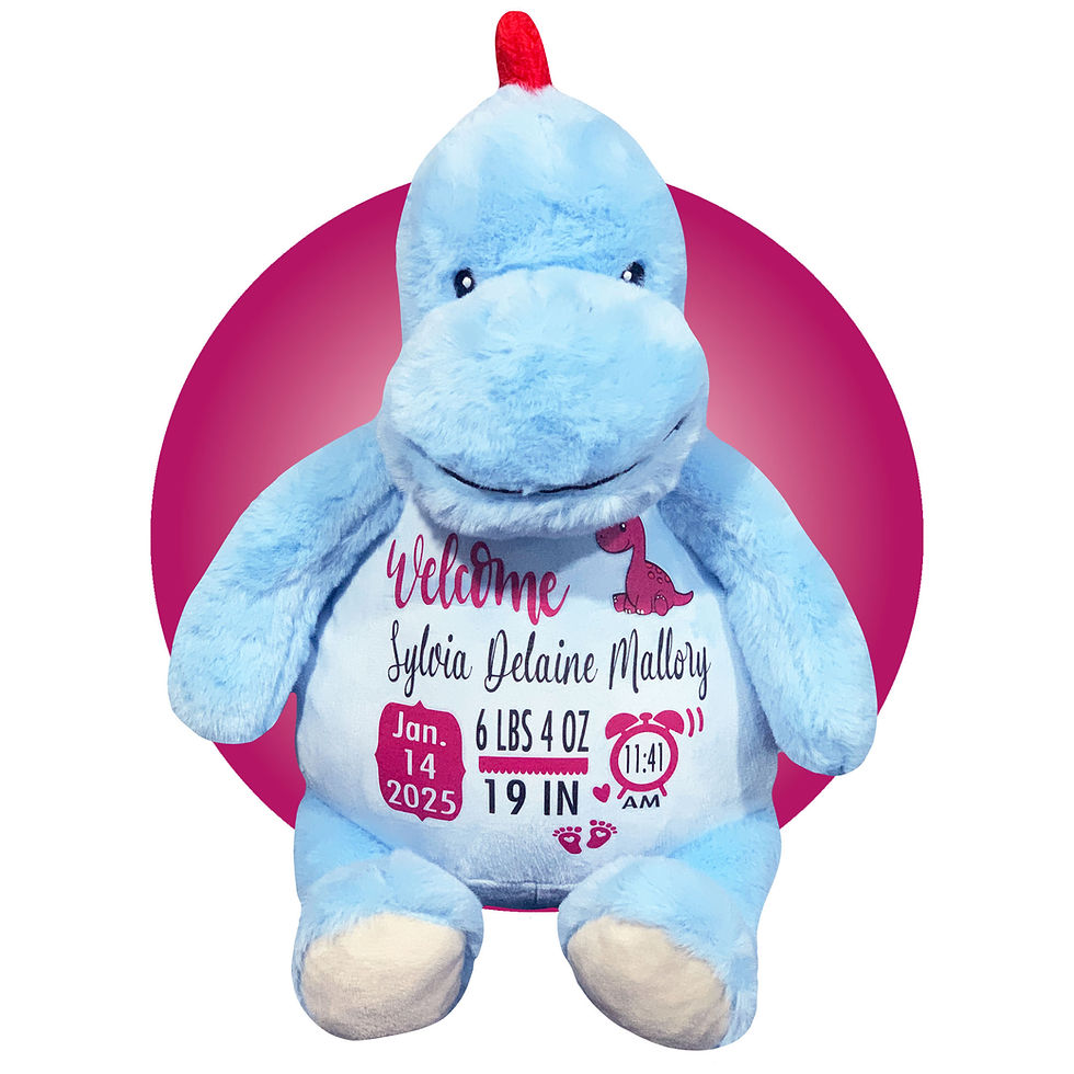 Thumbnail: 17" birth stats dinosaur stuffed animal, nursery decoration, blue dinosaur stuffed plushie with birth information on it