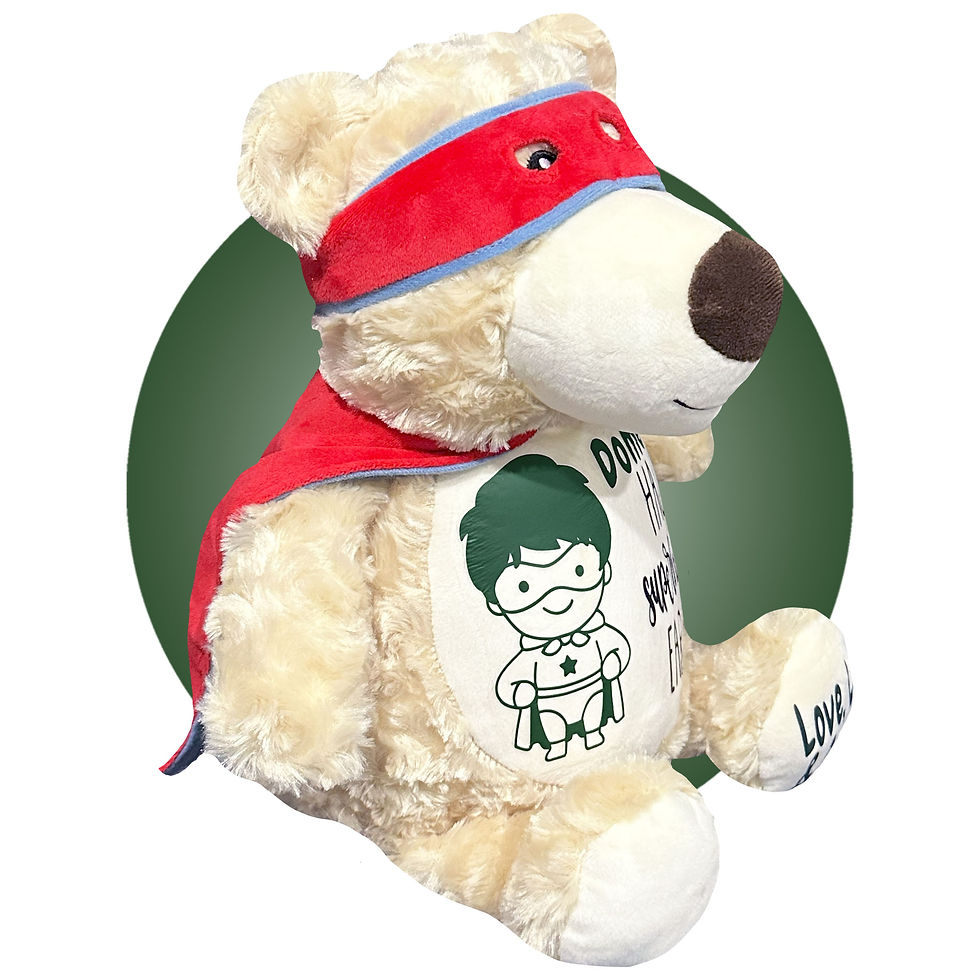 Thumbnail: 17" stuffed superhero teddy bear for ear tube surgery, personalized ear tube recovery gift