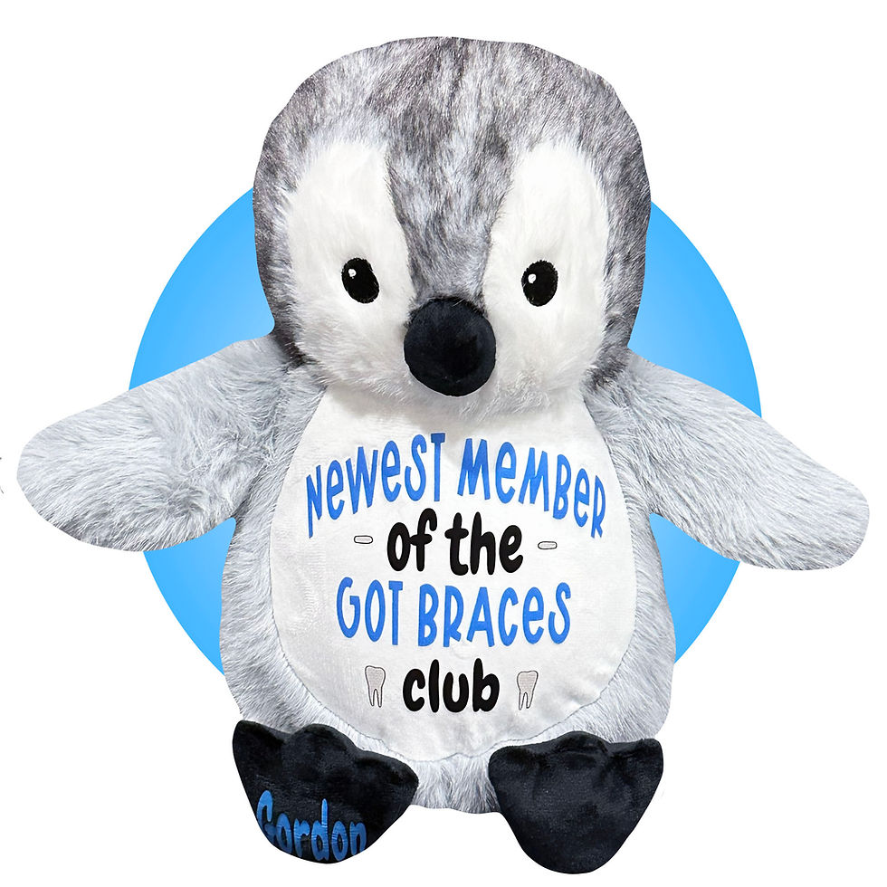 Thumbnail: 17" personalized penguin stuffed animal for kid getting braces, braces get well gift for kids