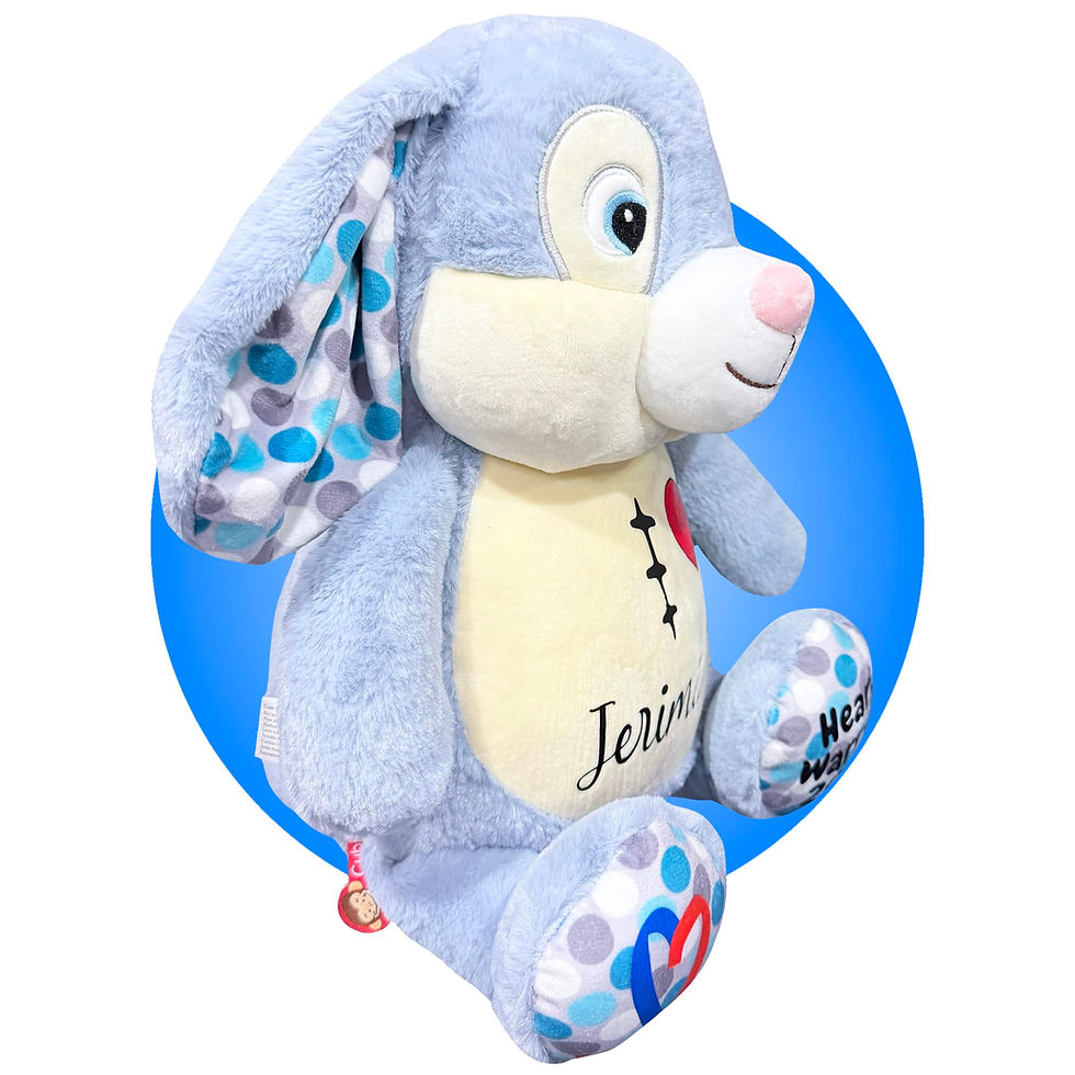 Thumbnail: 17" fluffy blue bunny scar buddy for open heart surgery, heart surgery gifts for kids by kikilishop.com