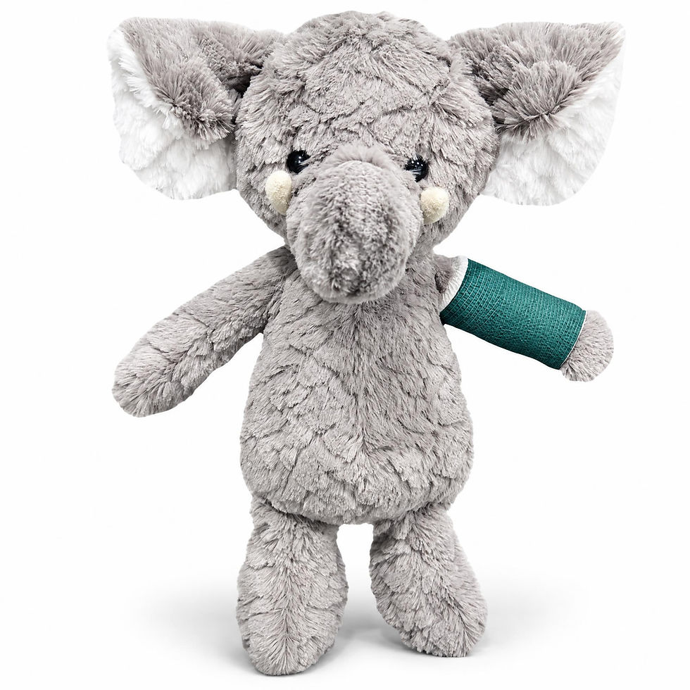 Thumbnail: 14" Custom Made Broken Bone Grey Elephant Plush, grey elephant stuffed animal with cast on arm or leg