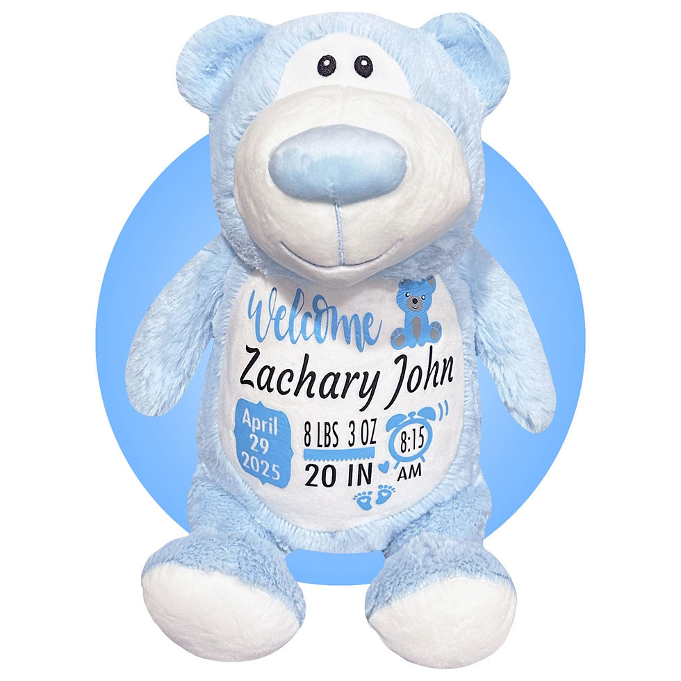 Thumbnail: 17" personalized blue teddy bear with birth information on it by kikilishop.com