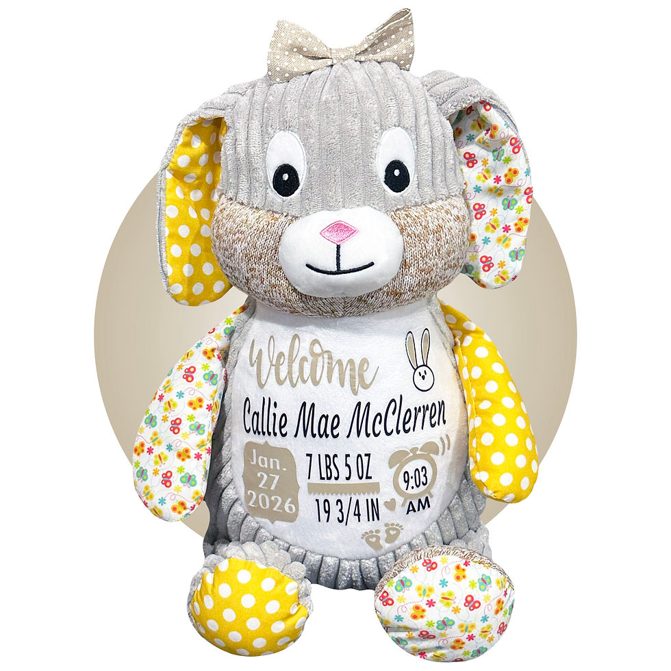 Thumbnail: birth stats stuffed animal for babies, 17" sunshine bunny birth information plush by kikilishop.com