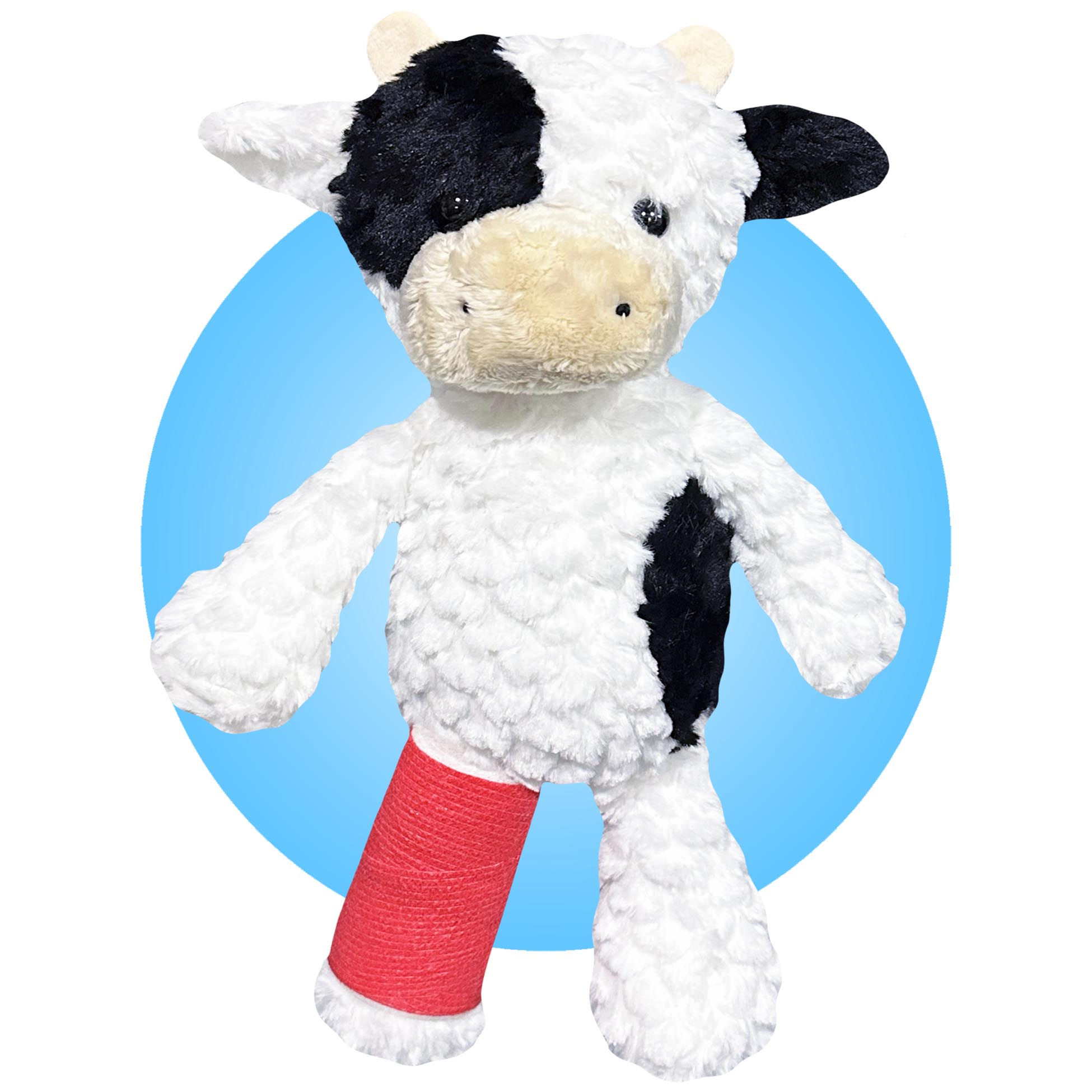 14" cow stuffed animal with cast on arm or leg