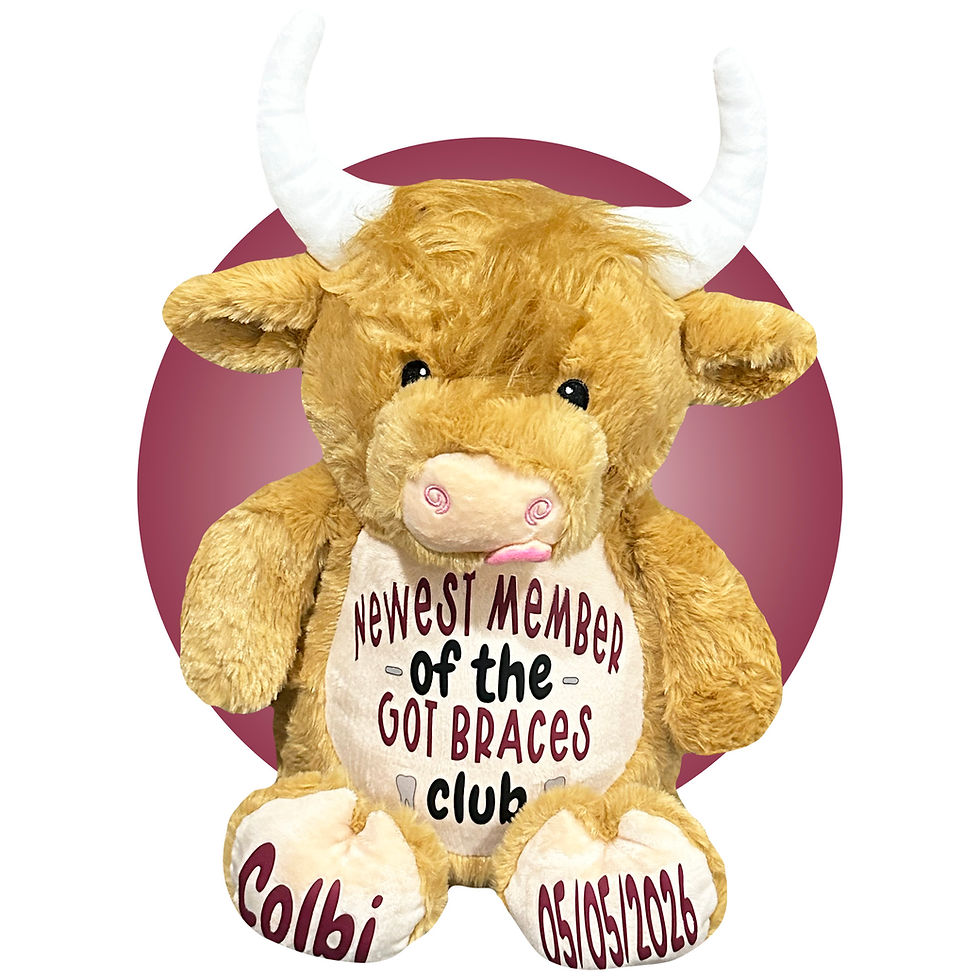 Thumbnail: 17" personalized highland cow for kid getting braces, new braces get well gift for kids