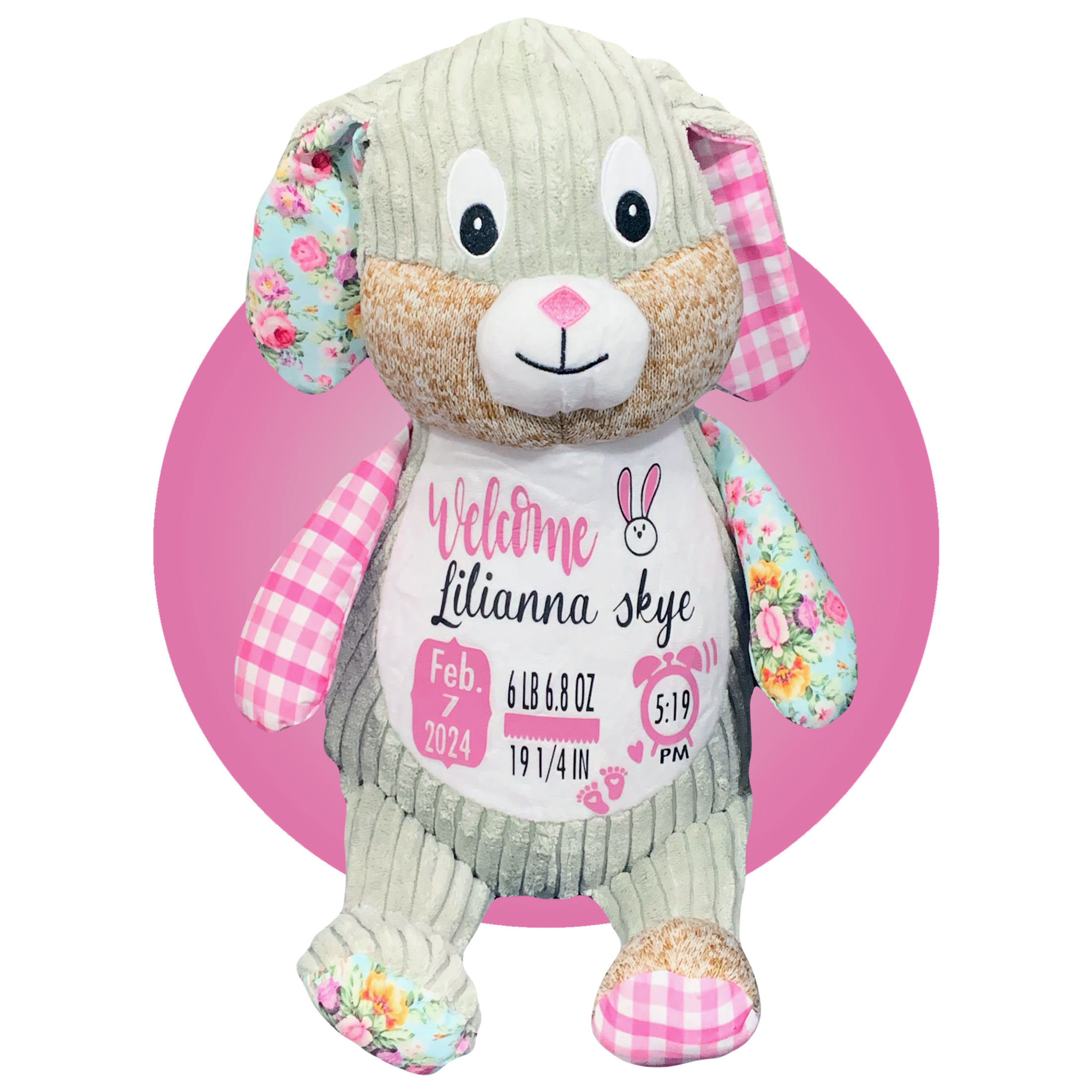 Birth Stats Pink Sensory Bunnies - Super Soft Baby Information Stuffed Animals