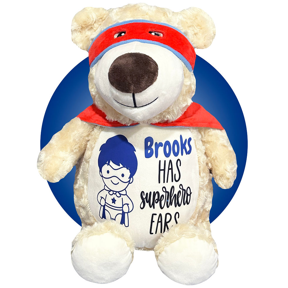 Thumbnail: 17" stuffed superhero teddy bear for ear tube surgery, personalized ear tube recovery gift