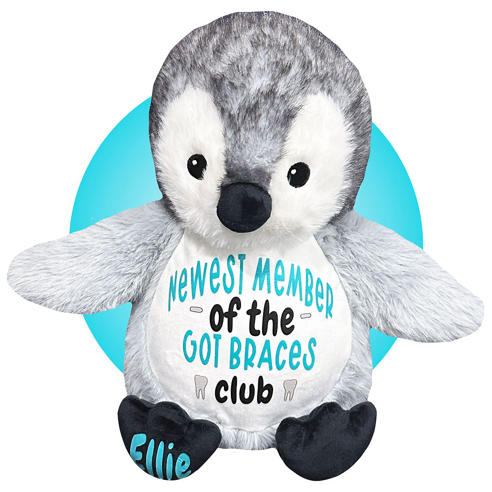 Thumbnail: 17" personalized penguin stuffed animal for kid getting braces, braces get well gift for kids