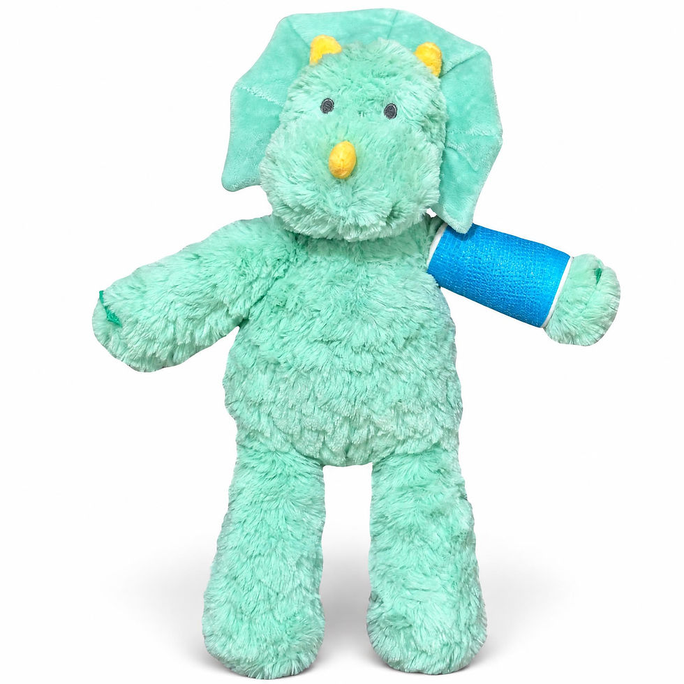 Thumbnail: 14" broken bone dinosaur with custom cast, green dinosaur stuffed animal wearing cast