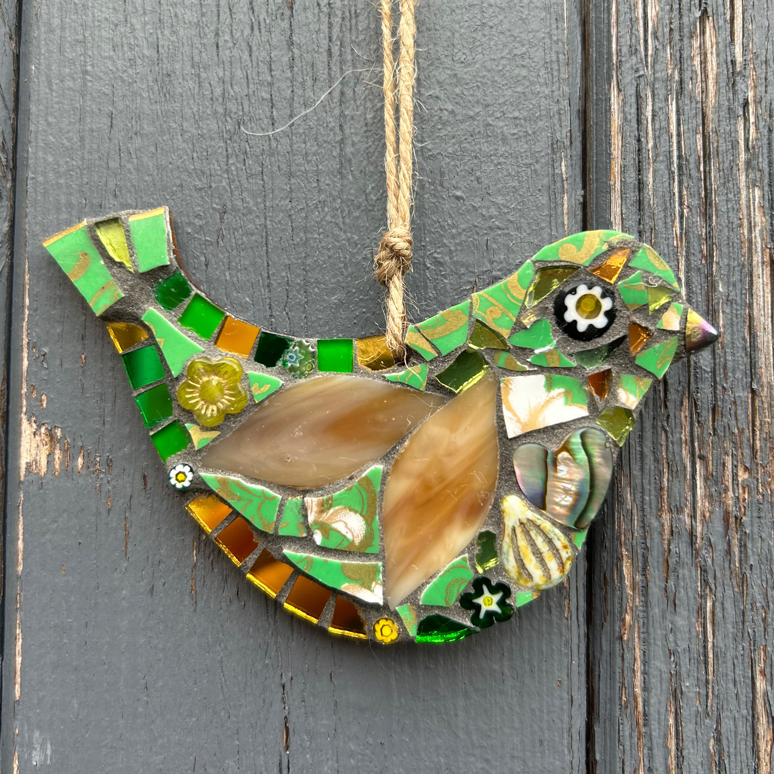 Outdoor Mosaic: Small Green and Gold Bird 1