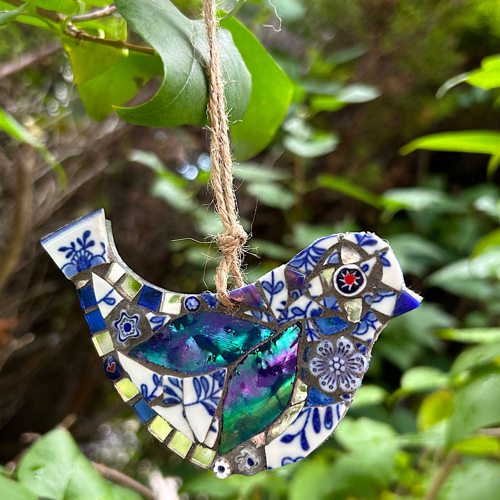 Outdoor Mosaic: Small Blue and White Bird 2