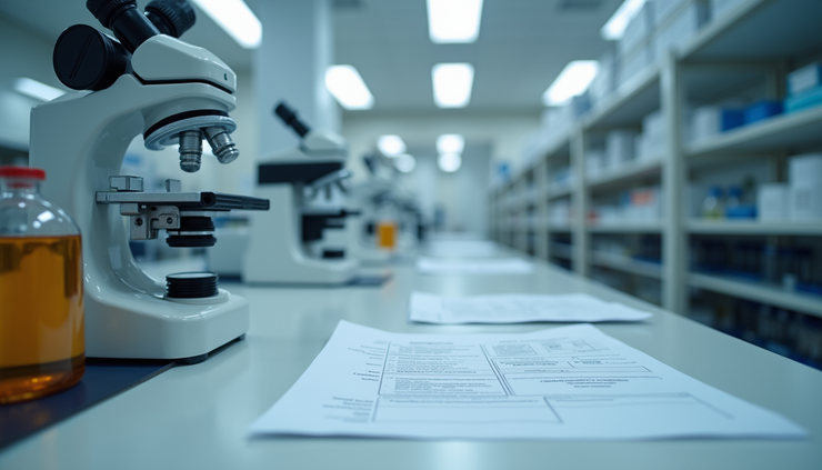 Eye-level view of a quality control laboratory with equipment and documents