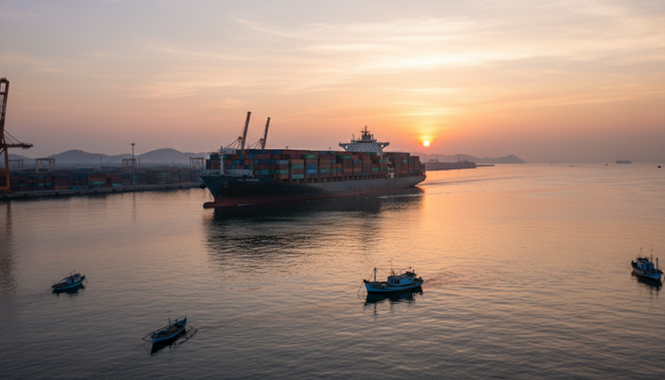 Wide-angle view of a cargo ship leaving an Indian port at sunrise.