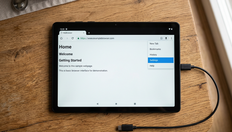 Overhead view of an Android tablet showing a browser page on a wooden table