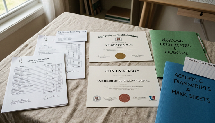 Eye-level view of nursing mark sheets and certificates sorted in labelled folders
