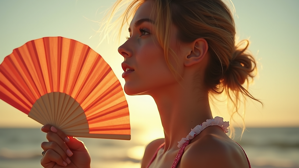 Close-up view of a woman fanning herself during a hot flash