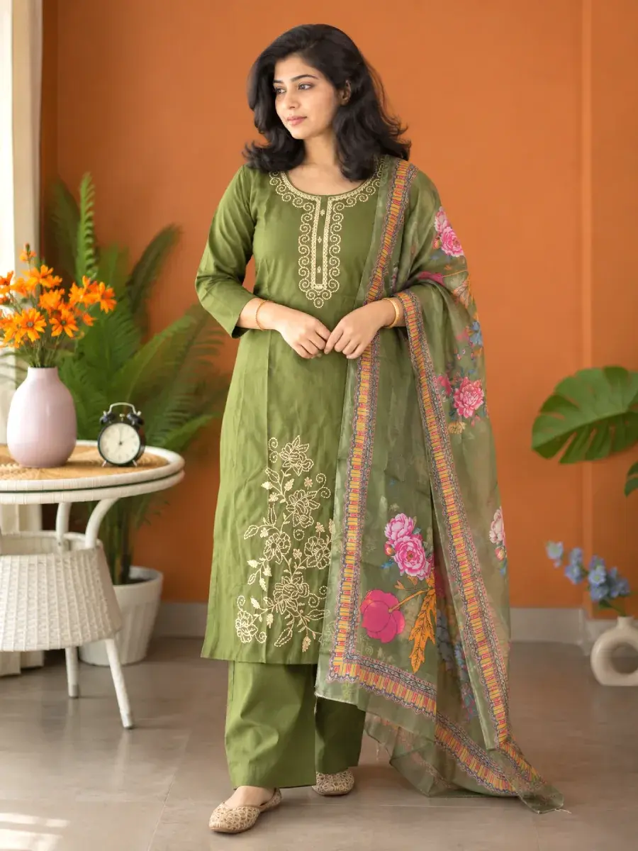 Fern Green Embroidered Roman Silk 3 Piece Kurti Set with Floral Dupatta main view