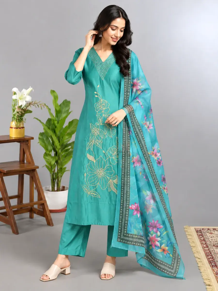 Thumbnail: Women Embroidered Roman Silk Turquoise 3 Piece Kurti Set with Dupatta full view