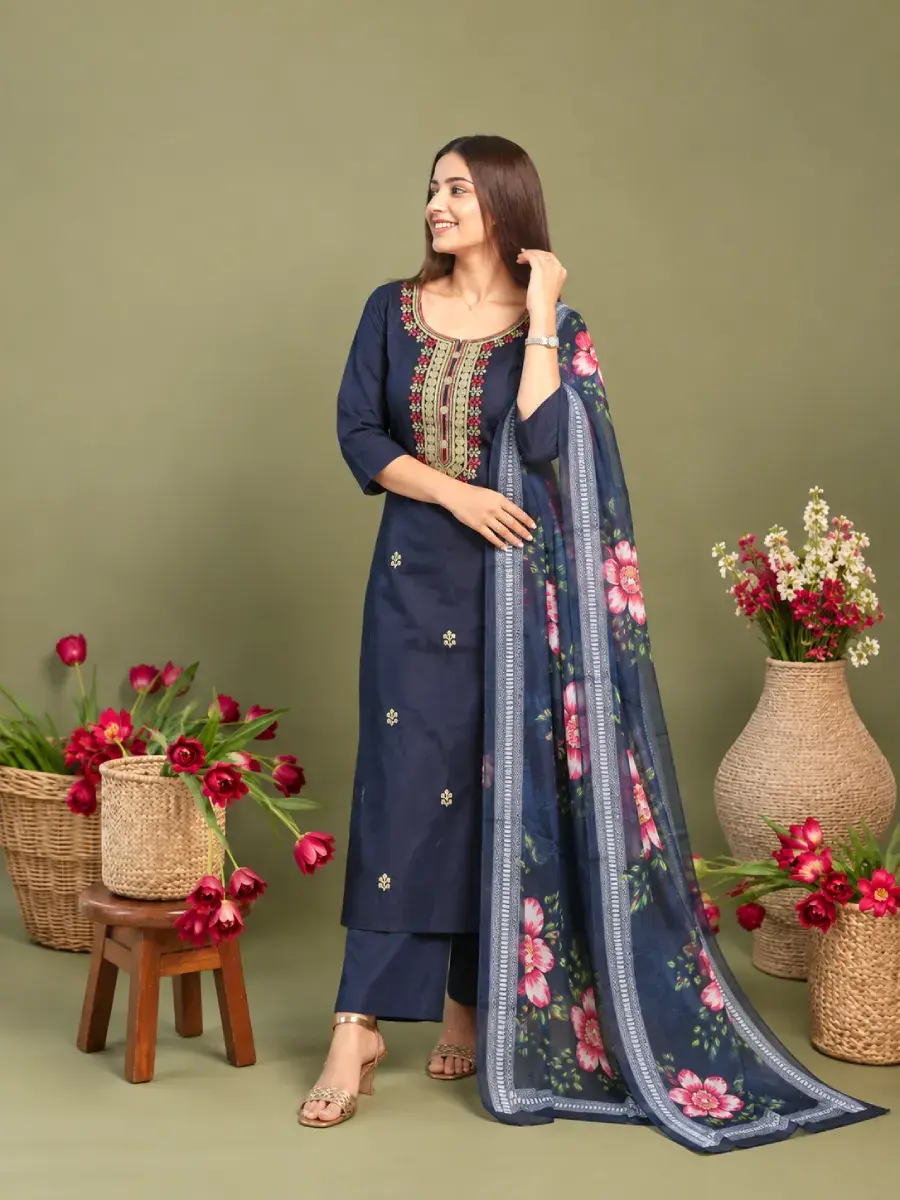 Thumbnail: Berry Blue Roman Silk 3 Piece Kurti Set with Floral Embroidery full view