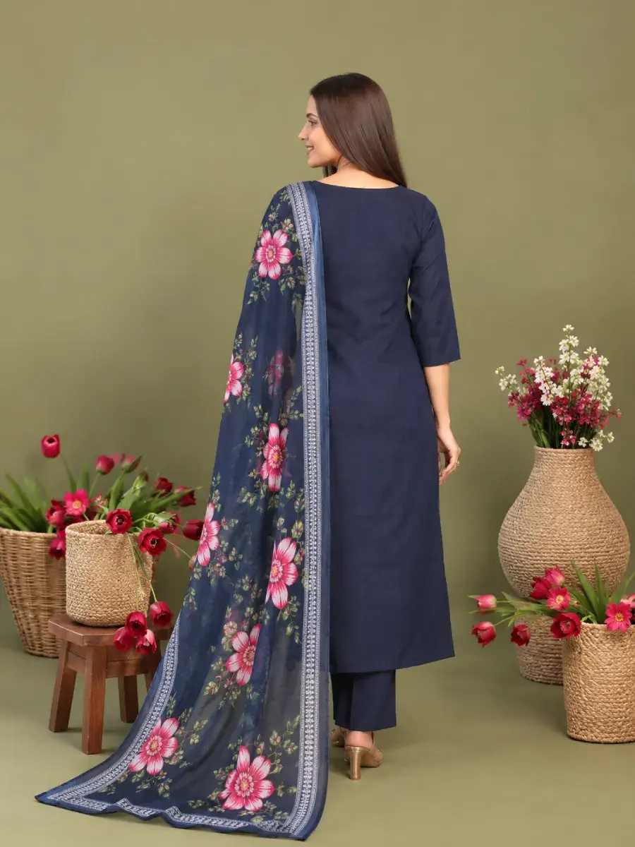 Thumbnail: Berry Blue Roman Silk 3 Piece Kurti Set with Floral Embroidery back view