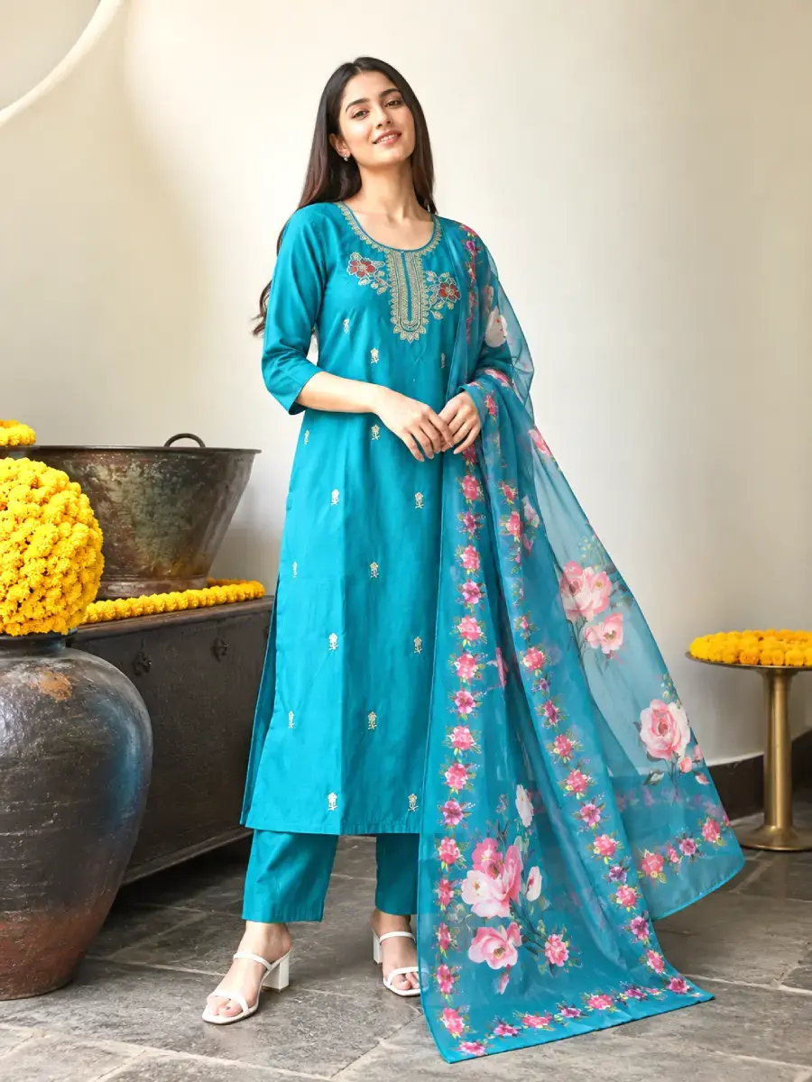Thumbnail: Women's Aqua Blue Embroidery Kurti Set with Floral Dupatta full view